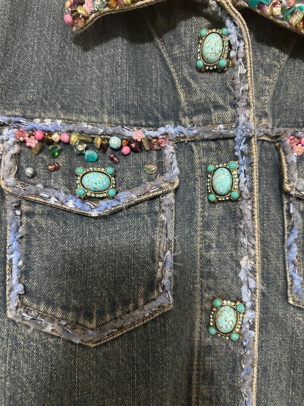 Mary Frances Blue Denim Jacket with Turquoise and Multicolor Embellishments - Picture 3 of 13